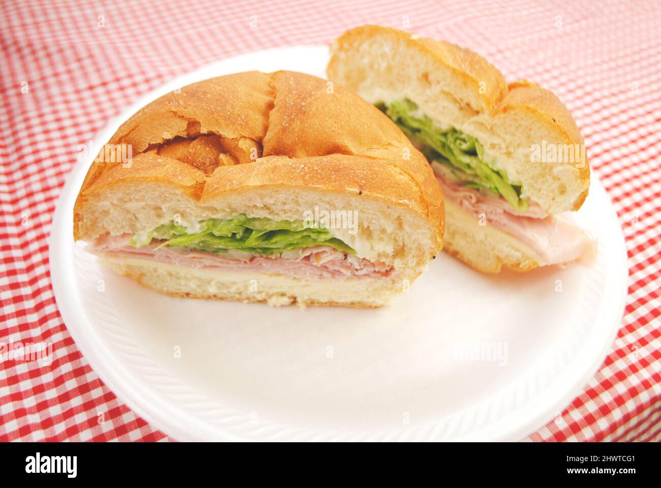 Nahaufnahme eines halben Deli Ham Sandwiches mit Käse, Mayonnaise und Salat Stockfoto