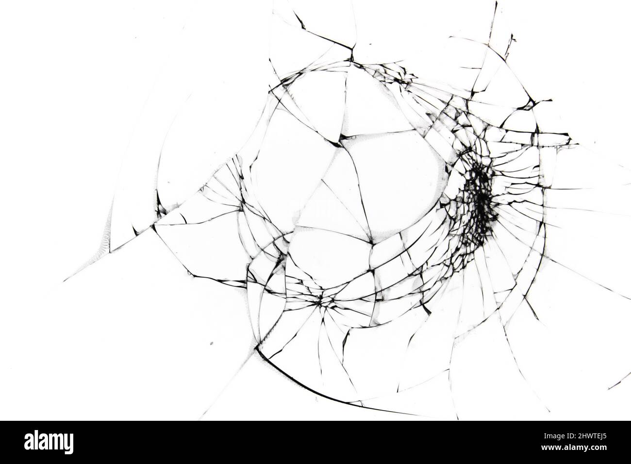 Textur von gebrochenem Glas auf weißem Hintergrund. Stockfoto