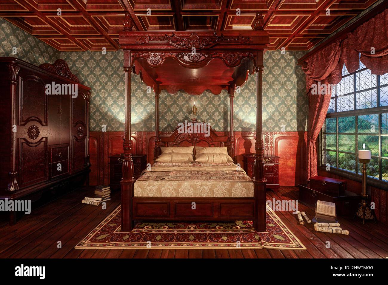 Vintage viktorianischen Schlafzimmer mit Himmelbett. 3D Rendern. Stockfoto