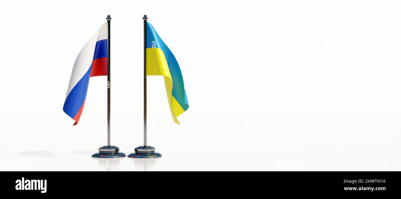 Russland gegen die Ukraine. Nationale Miniaturflagge auf weißem Hintergrund isoliert gegenübergestellt. Ukrainischer und russischer Krieg, Konfliktkonzept. 3D Rendern Stockfoto