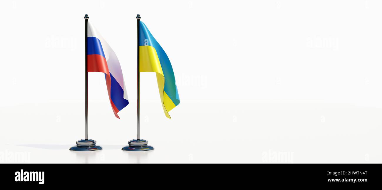 Ukraine Russland trifft Verhandlungen. Nationale Miniatur-Flagge isoliert auf weißem Hintergrund. Ukrainisches und russisches Kriegskonfliktkonzept. 3D Rendern Stockfoto