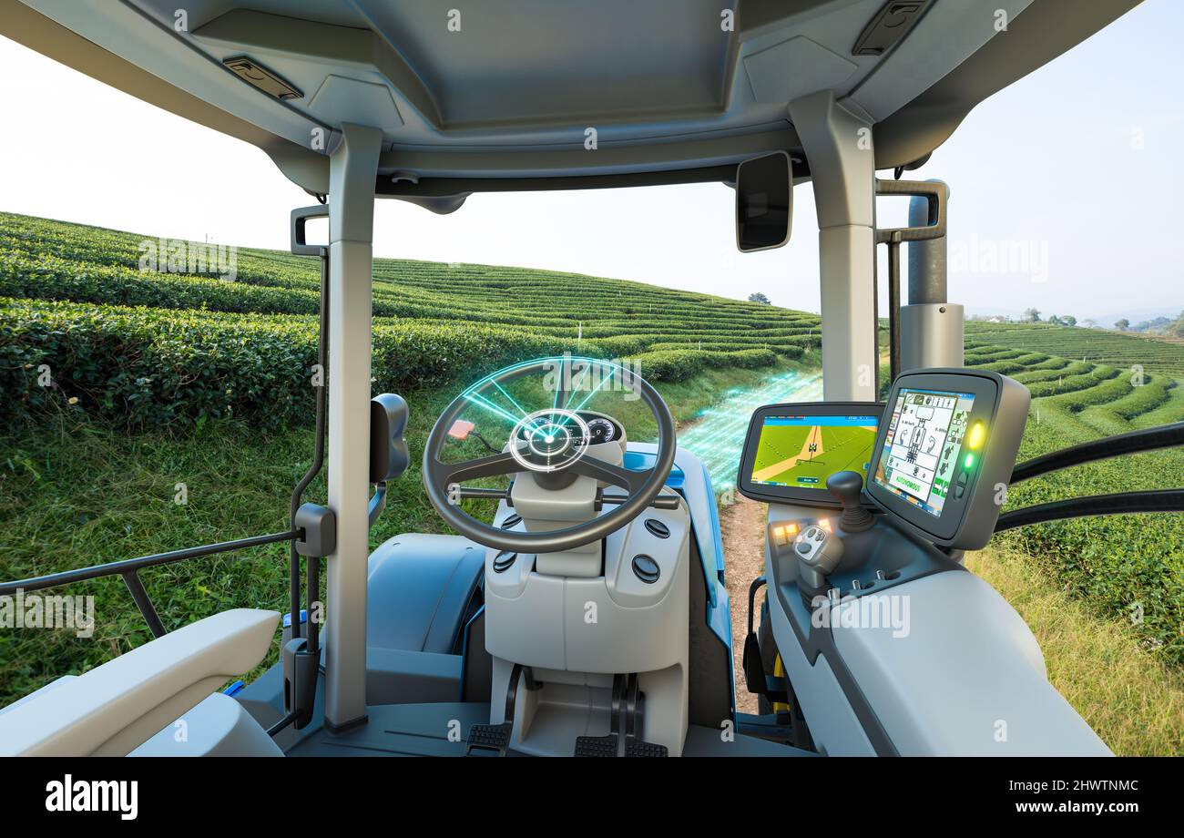 5G autonomer Traktor im Teepark, Zukunftstechnologie mit intelligentem Landwirtschaftskonzept Stockfoto