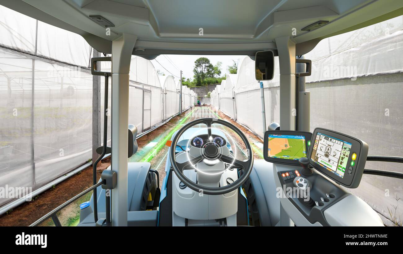 5G autonomer Traktor in der Landwirtschaft Gewächshaus, Zukunftstechnologie mit Smart Agriculture Farming Concept Stockfoto