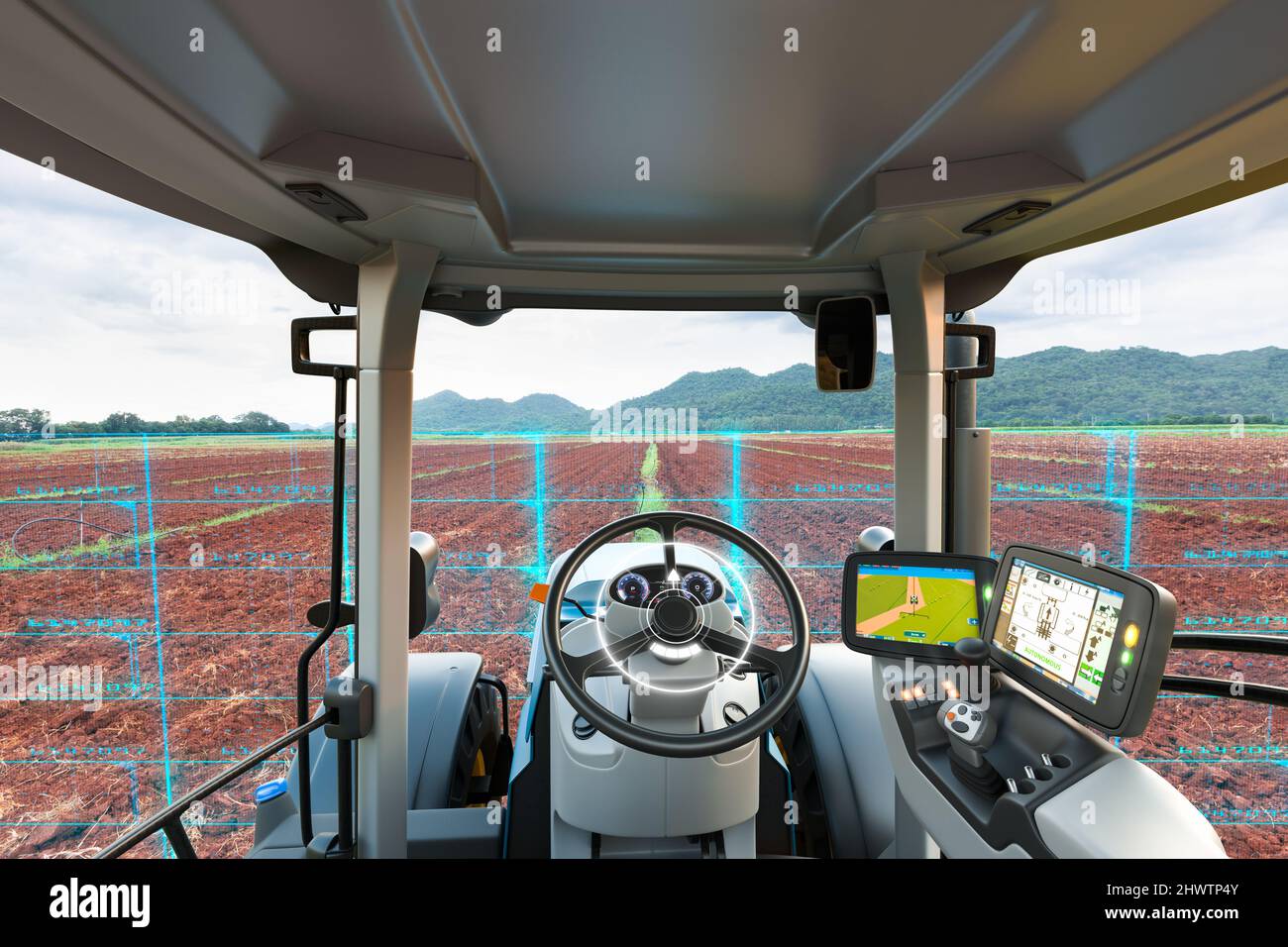 Autonomes Traktorscanning landwirtschaftlicher Parzelle, Zukunftstechnologie mit intelligentem landwirtschaftlichem Konzept Stockfoto