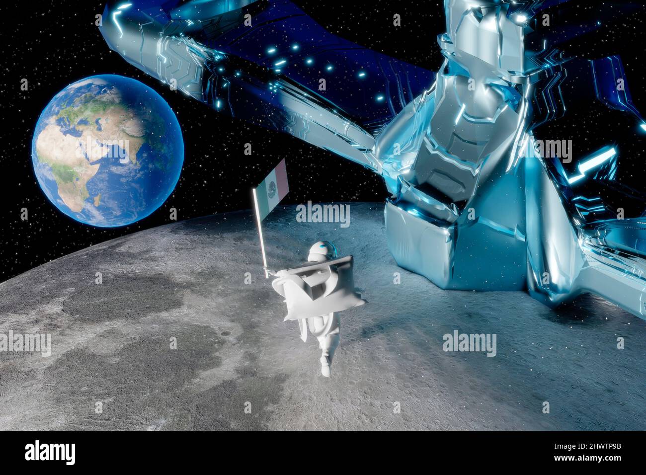 Astronautin in Science-Fiction-Mission auf dem Mond hält die Flagge Mexikos in der Hand, während der Planet Erde im Hintergrund angezeigt wird Stockfoto
