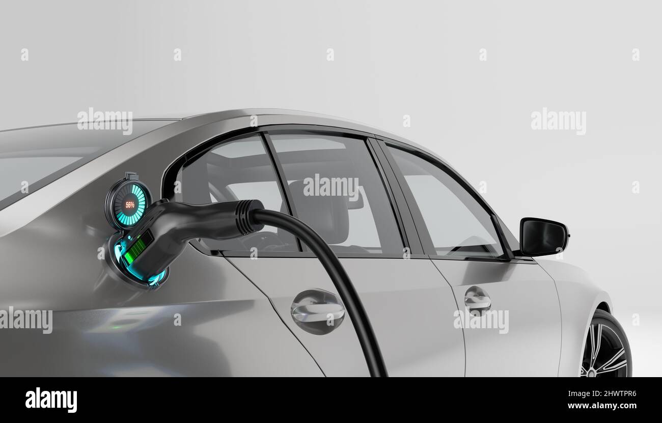 Laden von Elektrofahrzeugen mit grafischer Benutzeroberfläche, Fahrzeugkonzept der Zukunftstechnologie EV Stockfoto