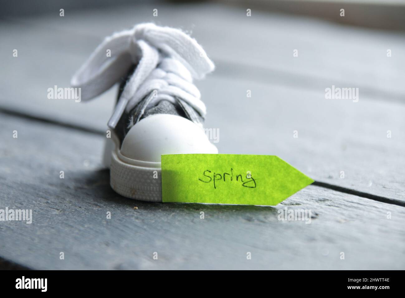 Frühlingskonzept. Handgeschriebener Text auf grünem Zeiger. Stockfoto
