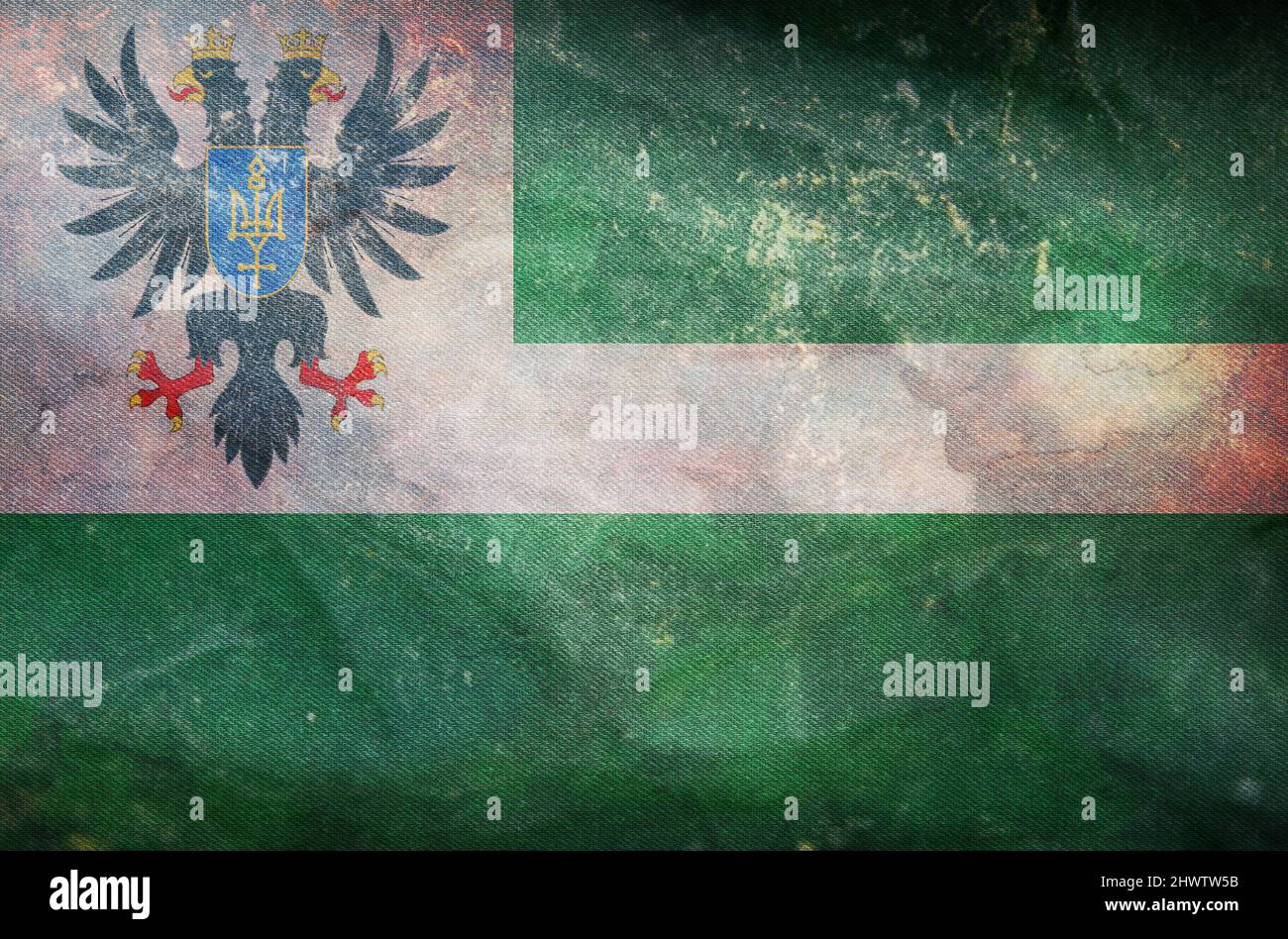 Draufsicht der Flagge Tschernihiw Region, Ukraine. Ukrainisches Reise- und Patriot-Konzept. Kein Fahnenmast. Ebenenlayout, Design. Hintergrund markieren Stockfoto