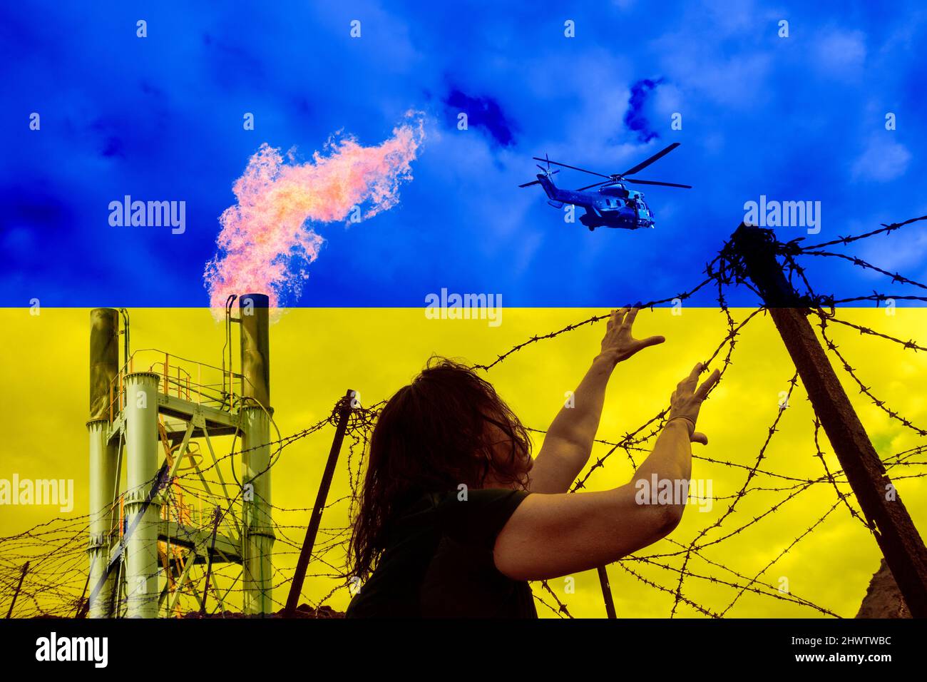 Frau am Stacheldrahtzaun mit überlagerter Flagge der Ukraine. Gas-Pipeline und Hubschrauber. Russland Ukraine Konflikt, Krieg, Flüchtling, Flüchtlinge, keine Flugzone. Stockfoto