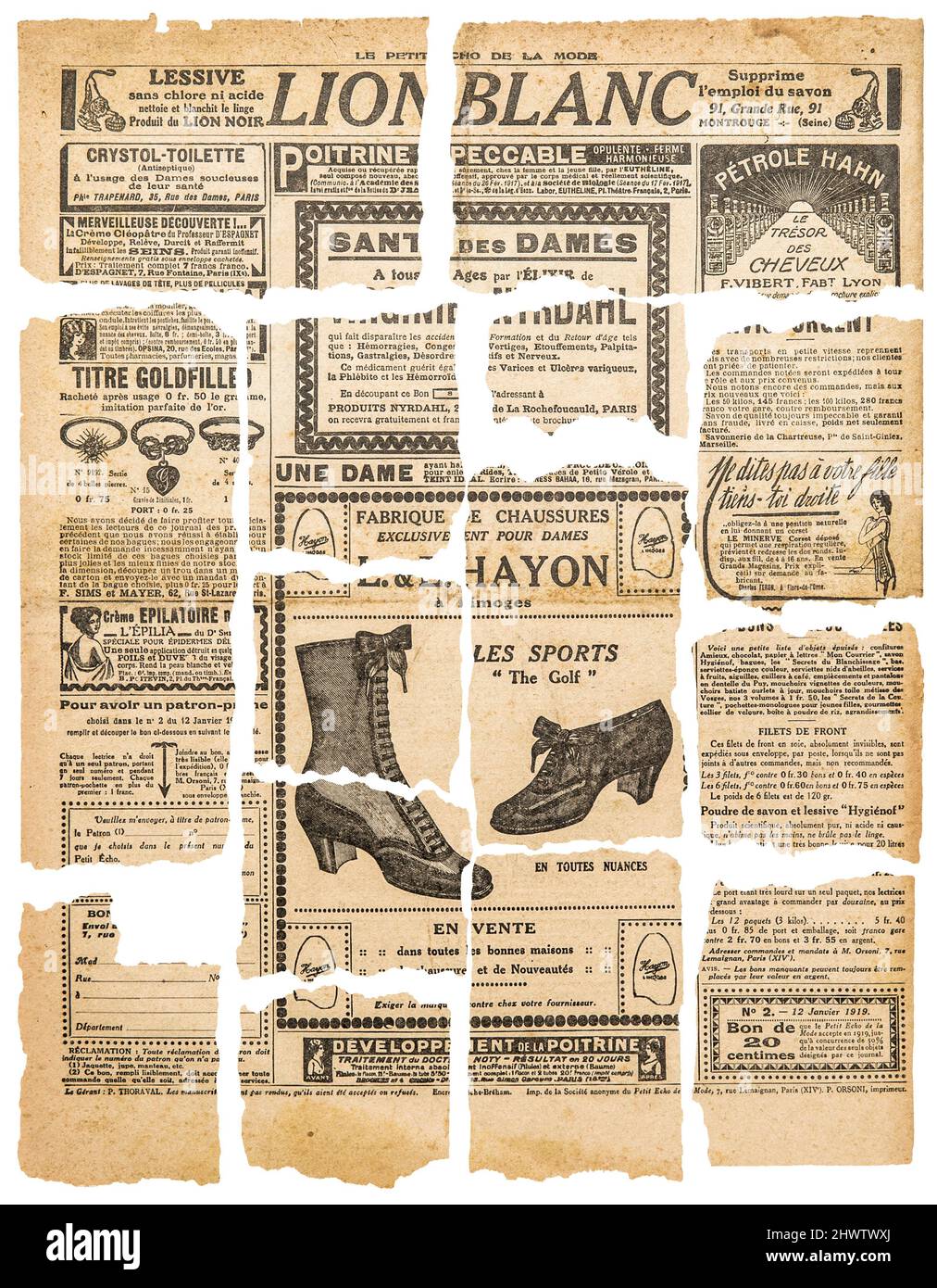 Zeitungsartikel mit Vintage-Werbung. Französische Zeitschriftenbänder Stockfoto