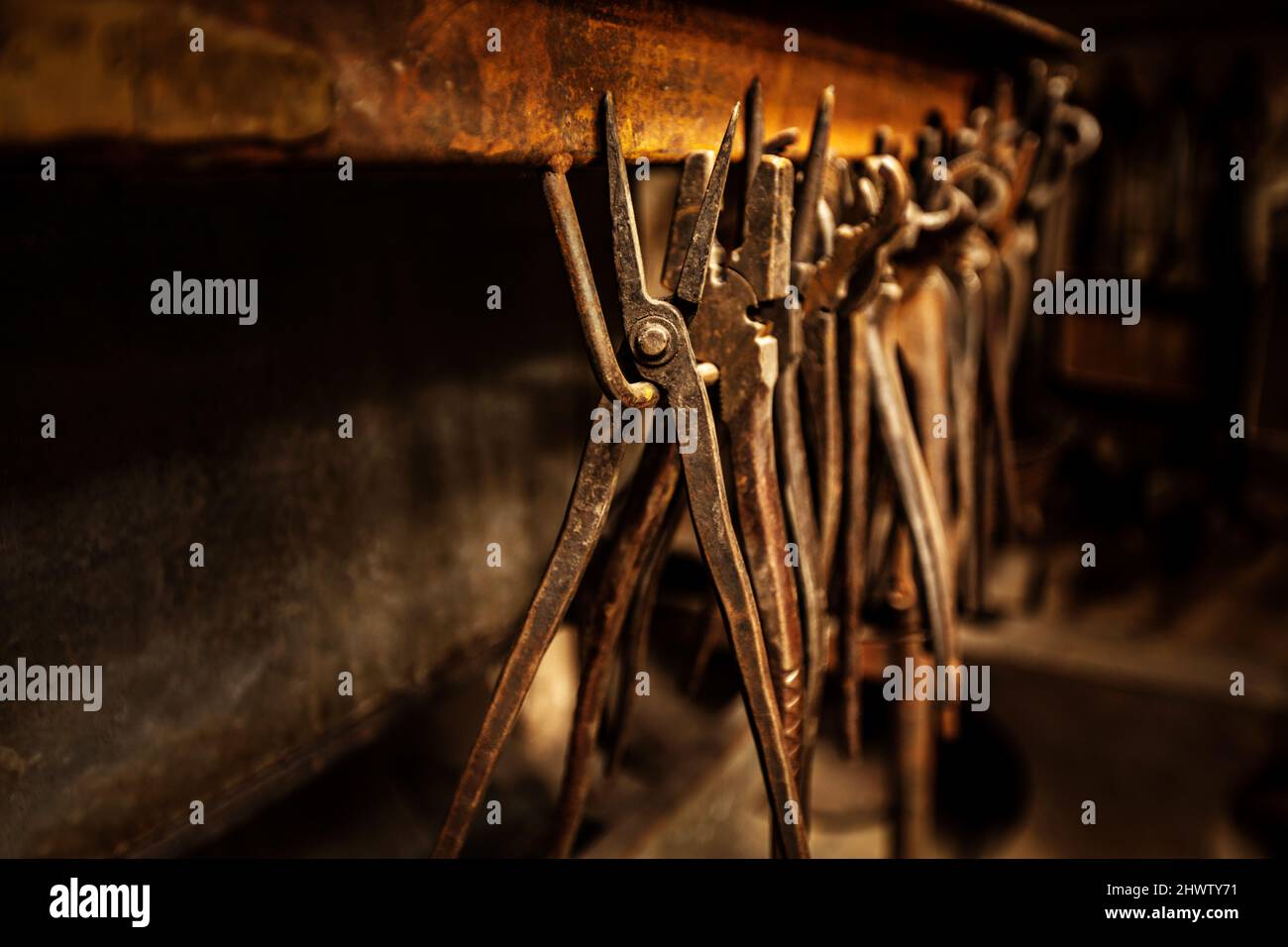 Werkzeuge des Handels. Eine Reihe von Zangen und Zangen, die in einer Werkstatt hängen. Stockfoto