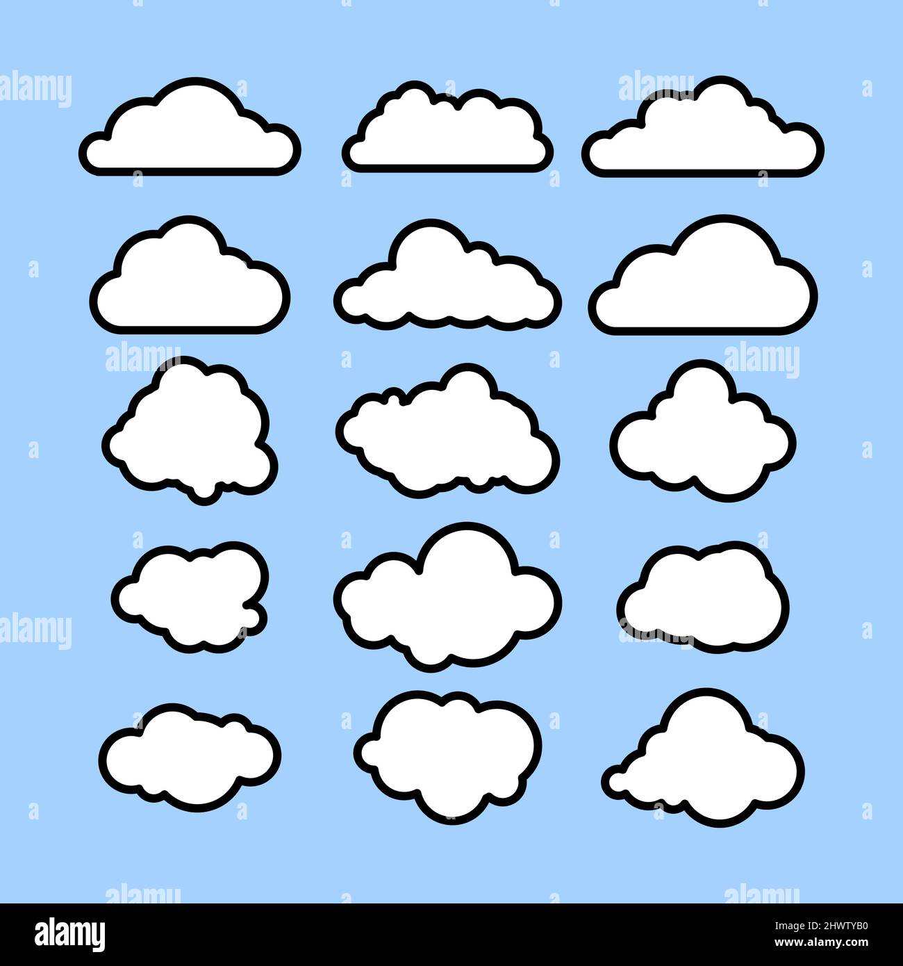 Eine Reihe von Wolken auf blauem Hintergrund im Line-Art-Stil für Druck und Design. Vektorgrafik. Stock Vektor