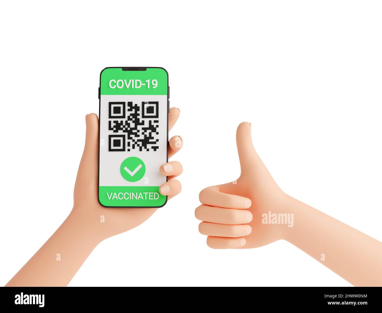 Grüner COVID Impfpass - qr-Code auf Handy-Bildschirm in menschlicher Hand und Daumen hoch Symbol 3D Rendern. Stockfoto