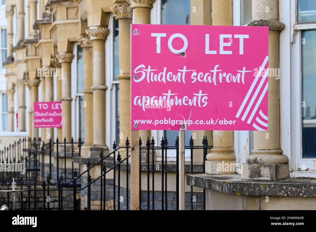 Aberystwyth, Wales - März 2022: Schild für Studentenwohnungen und Wohnungen zur Miete am Meer in der Universitätsstadt Aberystwytyh Stockfoto