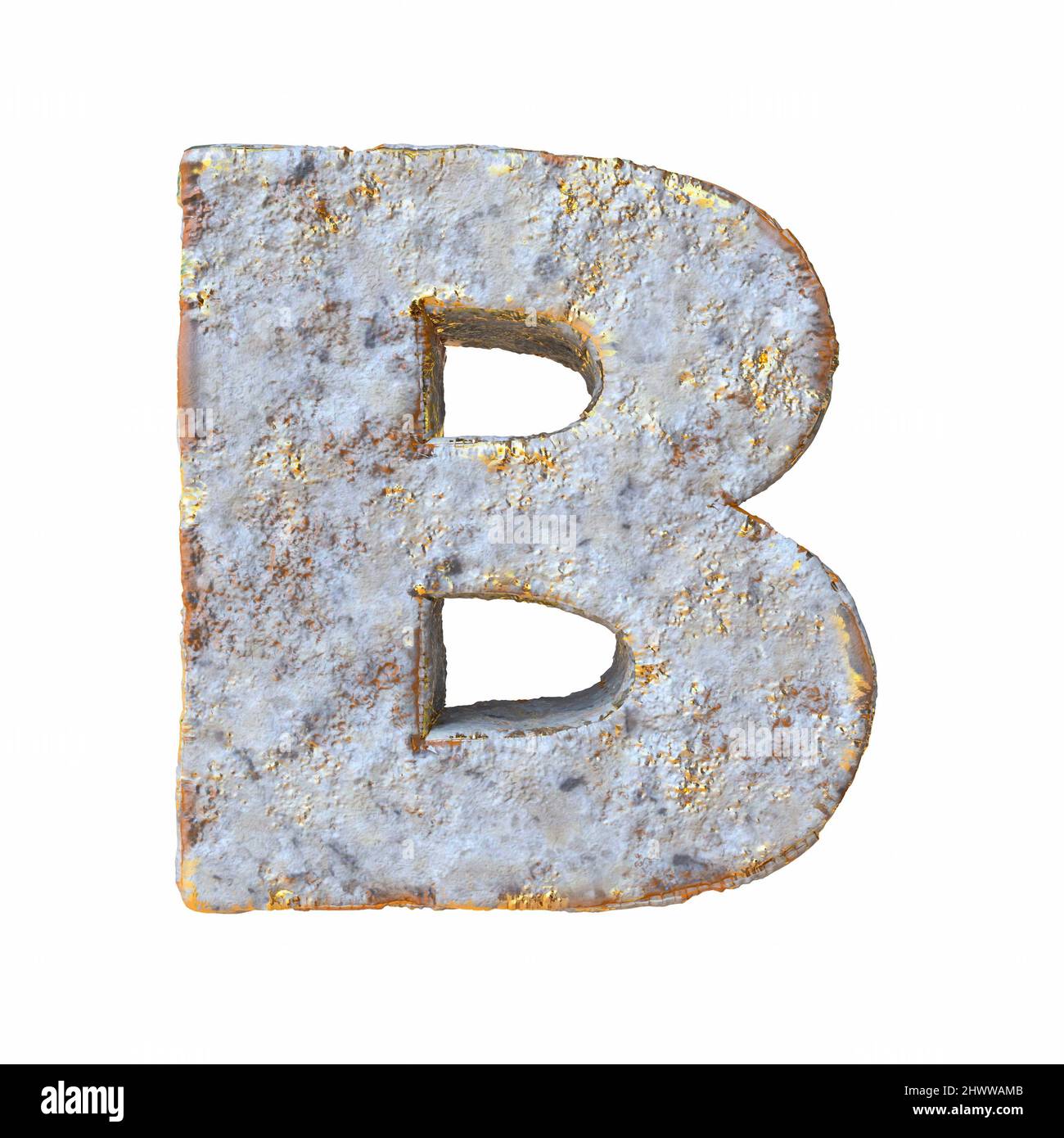 Stein mit goldenen Metallpartikeln Buchstabe B 3D Rendering Illustration isoliert auf weißem Hintergrund Stockfoto