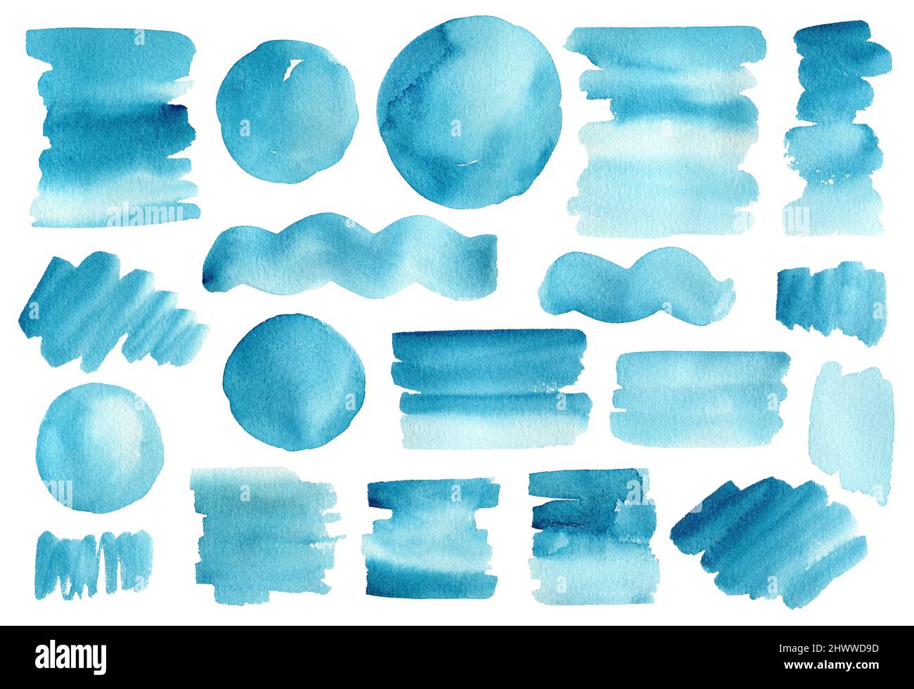 Satz von abstrakten Aquarellfarben und Pinselstrichen von blauen Farben isoliert auf weißem Hintergrund. Runde und rechteckige Farbflecken. Perfekt für Dekorationen, Karten, verschiedene Designs. Stockfoto