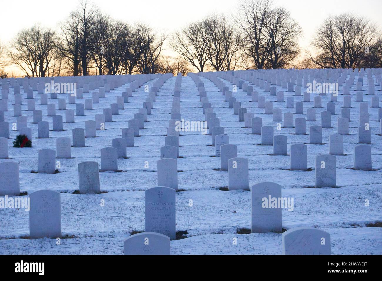 Wood National Cemetery im Winter, Milwaukee, Wisconsin. Stockfoto