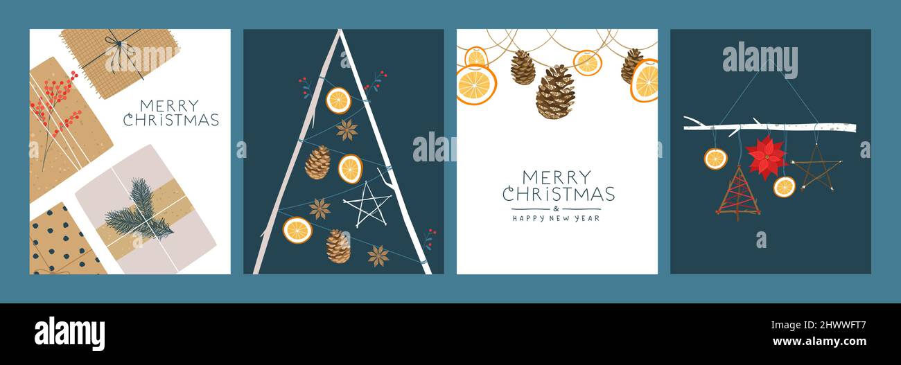 Frohe Weihnachten Frohe Neujahr Grußkarte Set aus recyceltem Geschenkkarton aus Geschenkpapier und grüner natürlicher Winterkiefer-Dekoration. Null-Abfall-Urlaub Stock Vektor