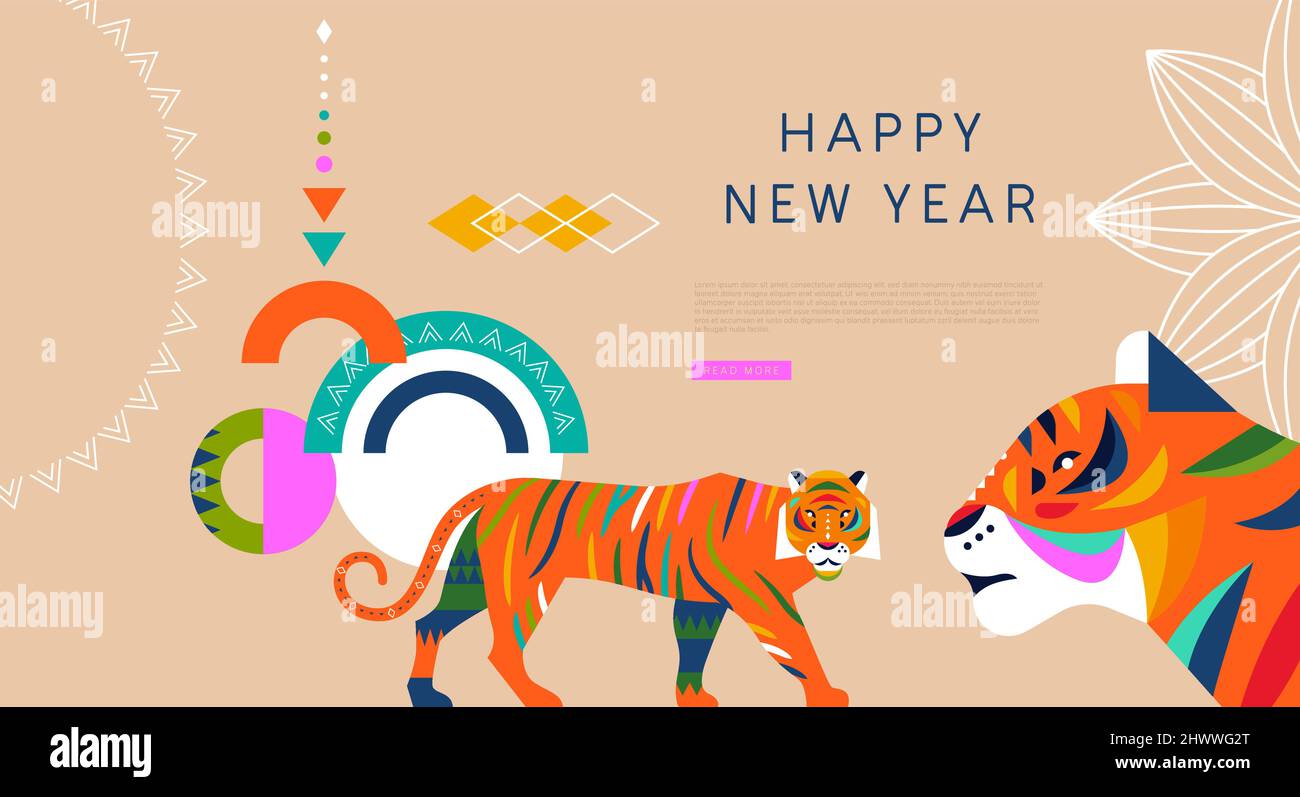 Happy Chinese New Year 2022 Web-Vorlage Illustration von bunten Tiger Tier mit geometrischen Volkskunst Stil Dekoration und kopieren Raum Text. Modernes ch Stock Vektor