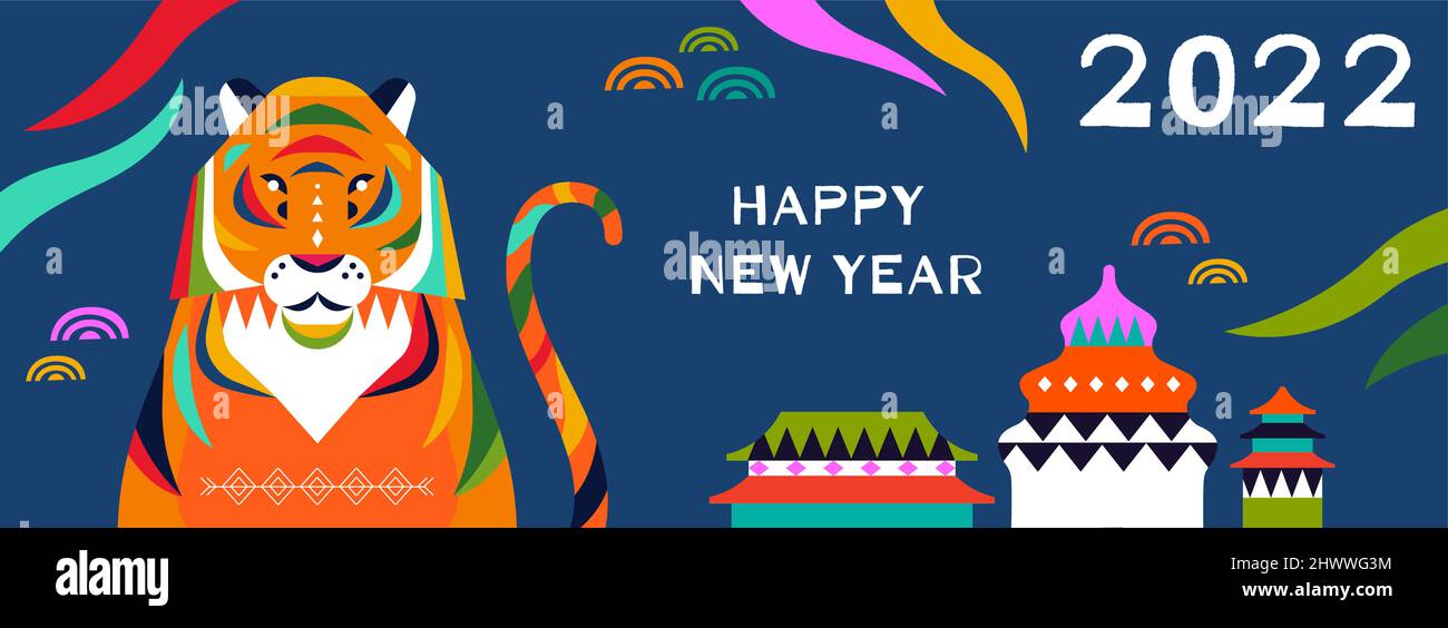 Happy Chinese New Year 2022 Grußkarte Illustration von bunten Tiger Tier mit geometrischen Volkskunst Stil Dekoration und abstrakte asiatische Landschaft. Stock Vektor