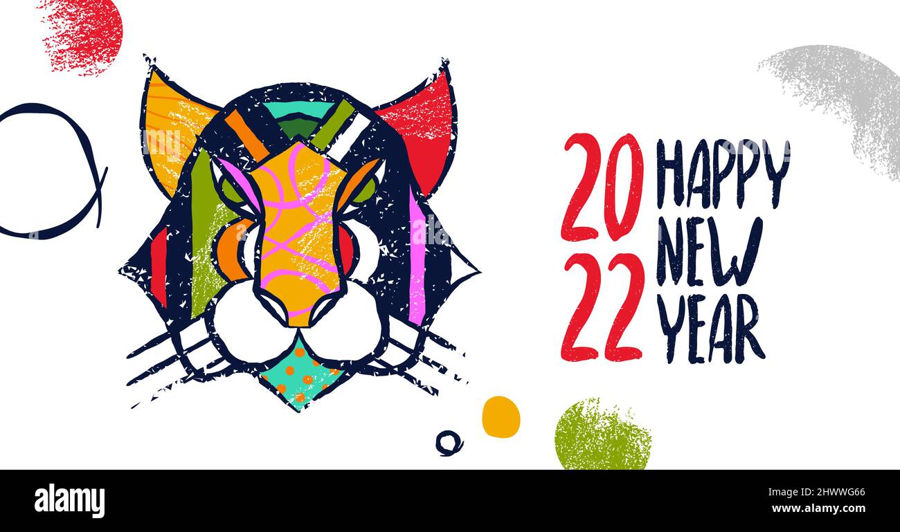 Chinesische Neujahrs 2022 Grußkarte Illustration. Moderne handgezeichnete Tiger Kopf Cartoon mit bunten geometrischen Formen. Stammes-Stil Dschungel Tier Gesicht Stock Vektor