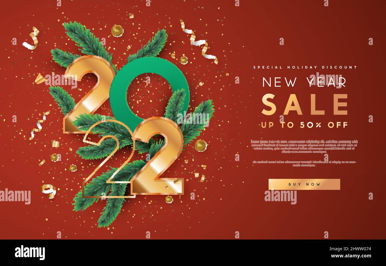 Neujahrsangebot 2022 – Abbildung der Grußkarte. Luxus 3D Gold Nummer Datum Zeichen auf rotem Hintergrund mit goldenen Party Konfetti und weihnachtskiefer br Stock Vektor