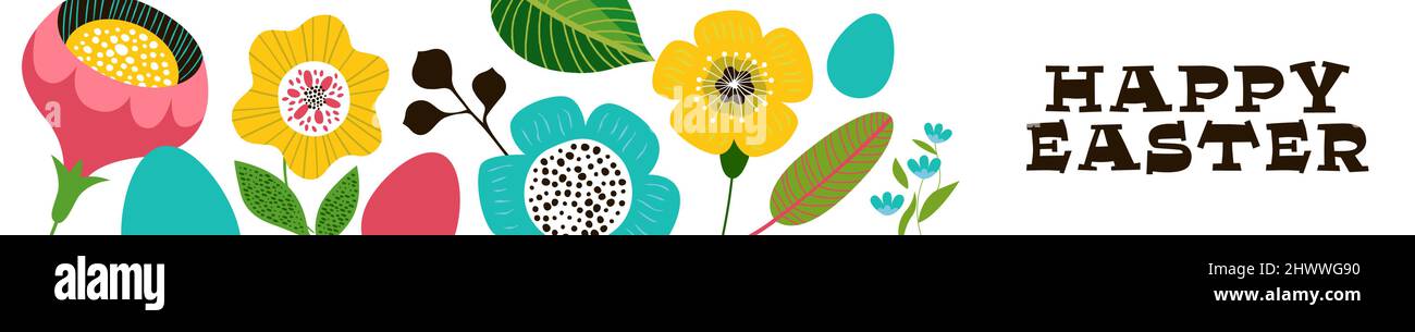 Happy Easter Web Banner Illustration von Vintage Folk Art Stil Frühling Blume Hintergrund mit bunten Eiern. skandinavisches Retro-Cartoon-Design für holi Stock Vektor