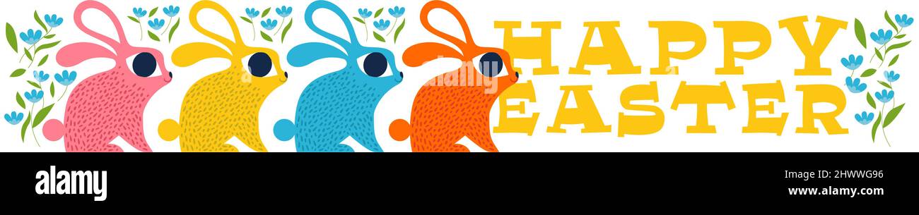 Frohe Ostern Web-Banner von niedlichen bunten Kaninchen Tiergruppe im Vintage-Folk-Art-Stil mit Blumendekoration. Frühlingsfest Hase Illustration für Stock Vektor