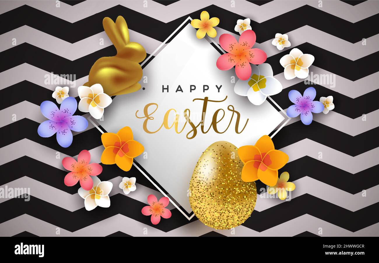 Frohe Ostern Grußkarte Illustration. Farbenfrohe frühlingsblume aus dem jahr 3D mit papiergeschnittentem Kaninchen und Eiern für die traditionelle christliche Feiertagsfeier. Stock Vektor