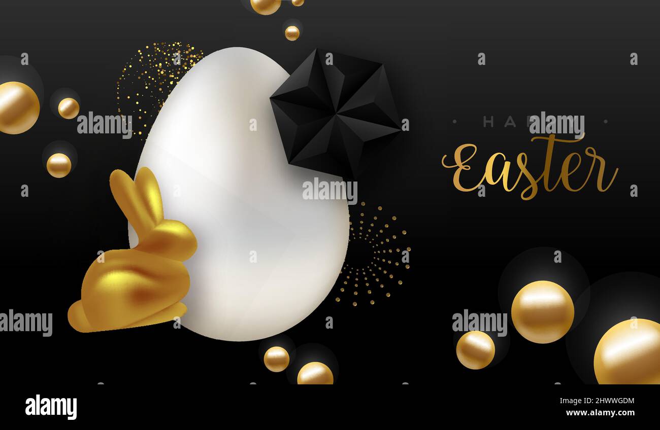 Frohe Ostern Luxus Grußkarte Illustration. Realistisches 3D-Goldenes Kaninchen mit Ei und schwarzem Hintergrund für elegante Frühlingsfeierlichkeiten oder Partys Stock Vektor
