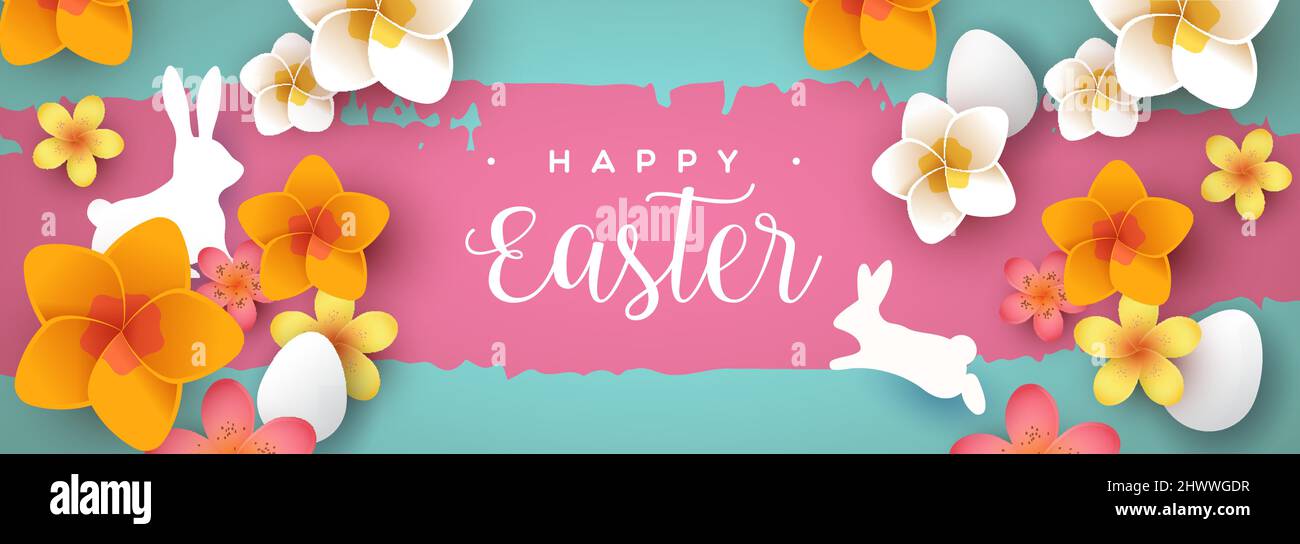Frohe Ostern Webbanner Illustration. Farbenfrohe frühlingsblume aus dem jahr 3D mit papiergeschnittentem Kaninchen und Eiern für die traditionelle christliche Feiertagsfeier. Stock Vektor