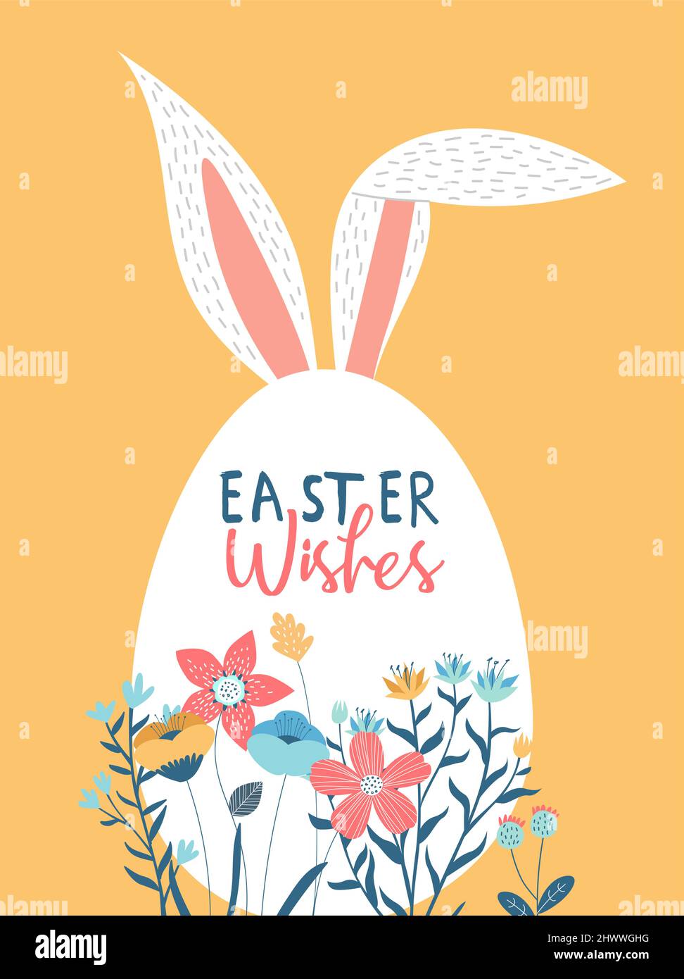 Frohe ostern Grußkarte Illustration von Ei mit Frühlingsblumen und festlichen Feiertag Text Zitat für Feier Veranstaltung oder Party Einladung. Stock Vektor