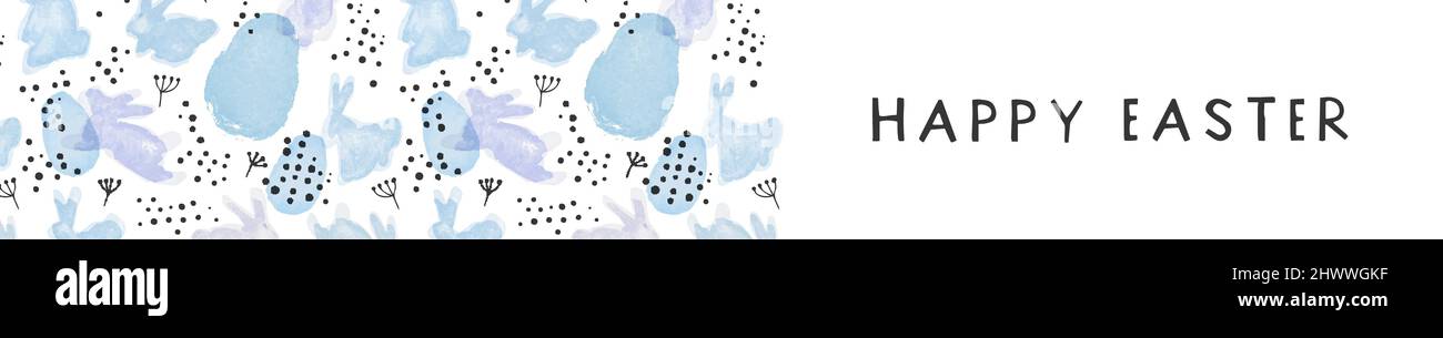 Happy Easter Web Banner Illustration von Aquarell Kaninchen Tier mit Frühling Natur Doodle Dekoration. Retro skandinavischen Cartoon-Design für Urlaub c Stock Vektor