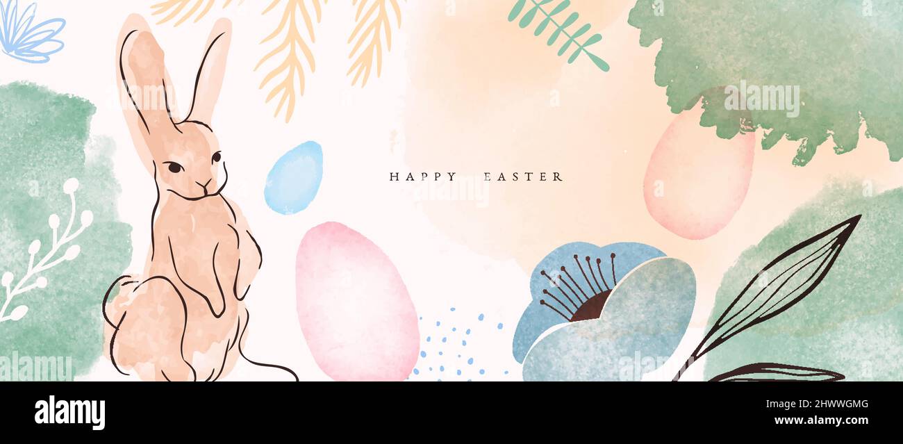 Frohe Ostern Grußkarte Illustration von Kaninchen im Frühlingswald mit bunten Blumen. Vintage handgezeichnete Aquarell-Cartoon für traditionelle Familie Stock Vektor