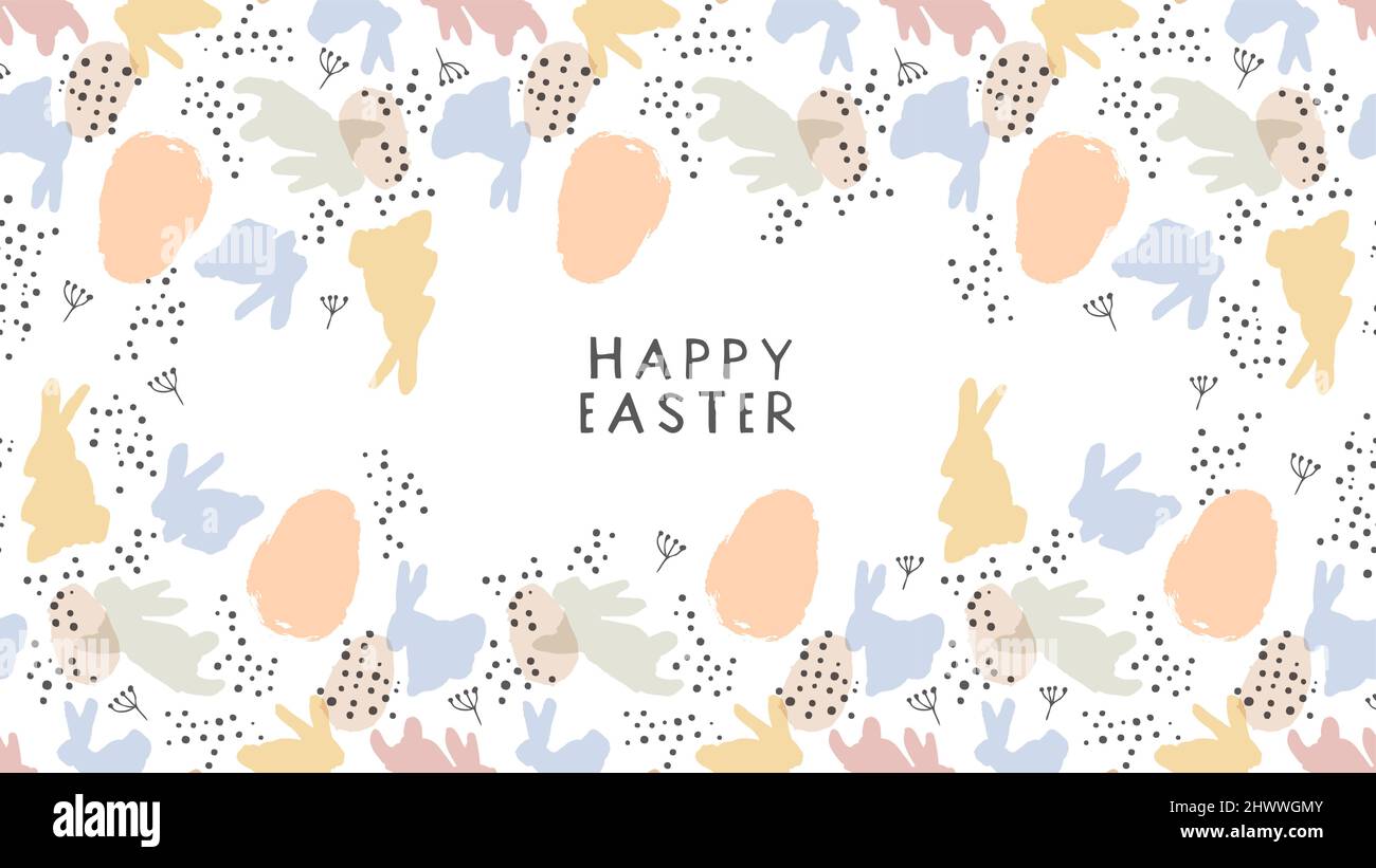 Frohe Ostern Grußkarte von pastellfarbenen Kaninchen mit Eierkritzel. Frühlingsfest Hintergrund Illustration für traditionelle christliche Feiertag. Stock Vektor
