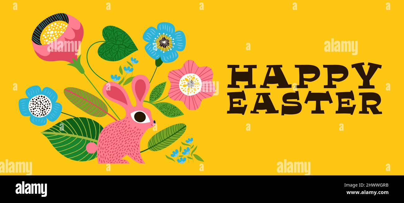 Frohe Ostern Grußkarte von lustigen Kaninchen Tier in Volkskunst Stil mit Natur Dekoration. Frühlingsfest Hintergrund Illustration für traditionelle ch Stock Vektor