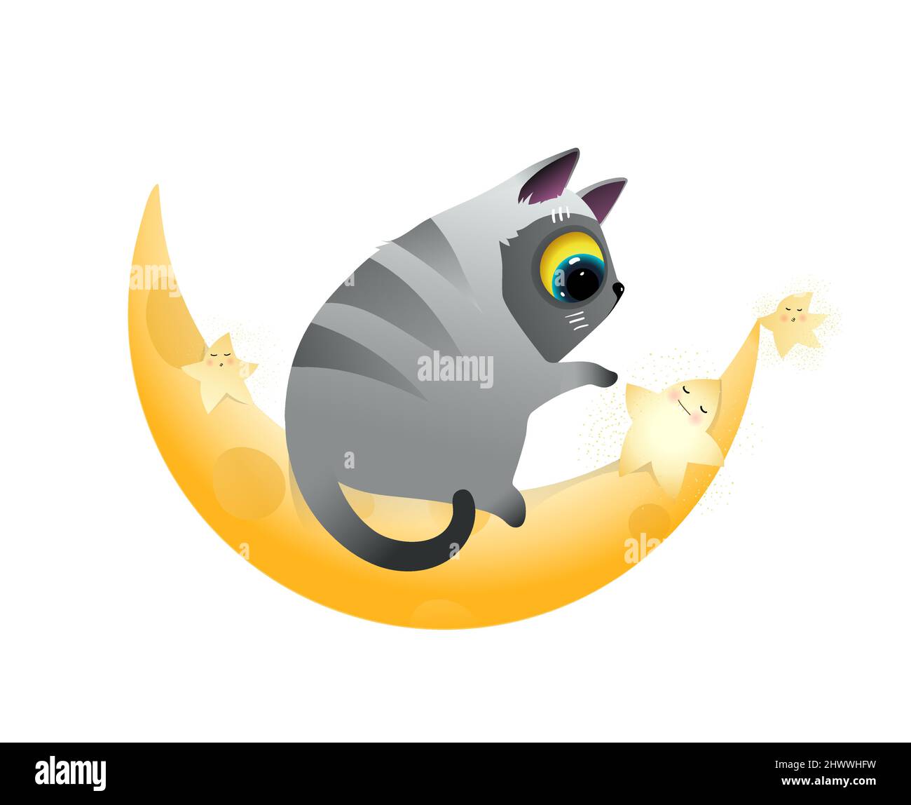 Schlafende Katze oder Kätzchen und Goldener Mond Clipart Stock Vektor