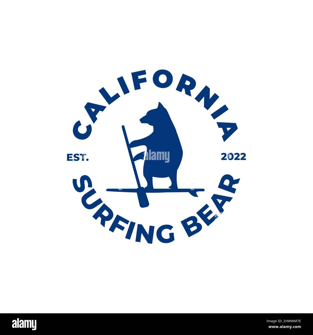 Typografische Logo Vektor Illustration eines Bären auf einem Surfbrett, Surf Silhouette Vektor Illustration. Kalifornien Stock Vektor