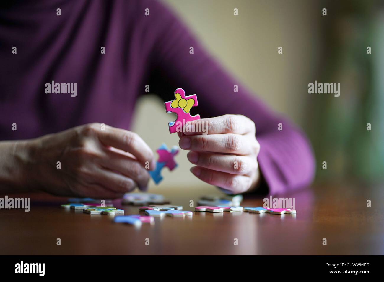 Nahaufnahme der Frau spielen Puzzle. Indoor Spiel- oder Aktivitätskonzept. Stockfoto