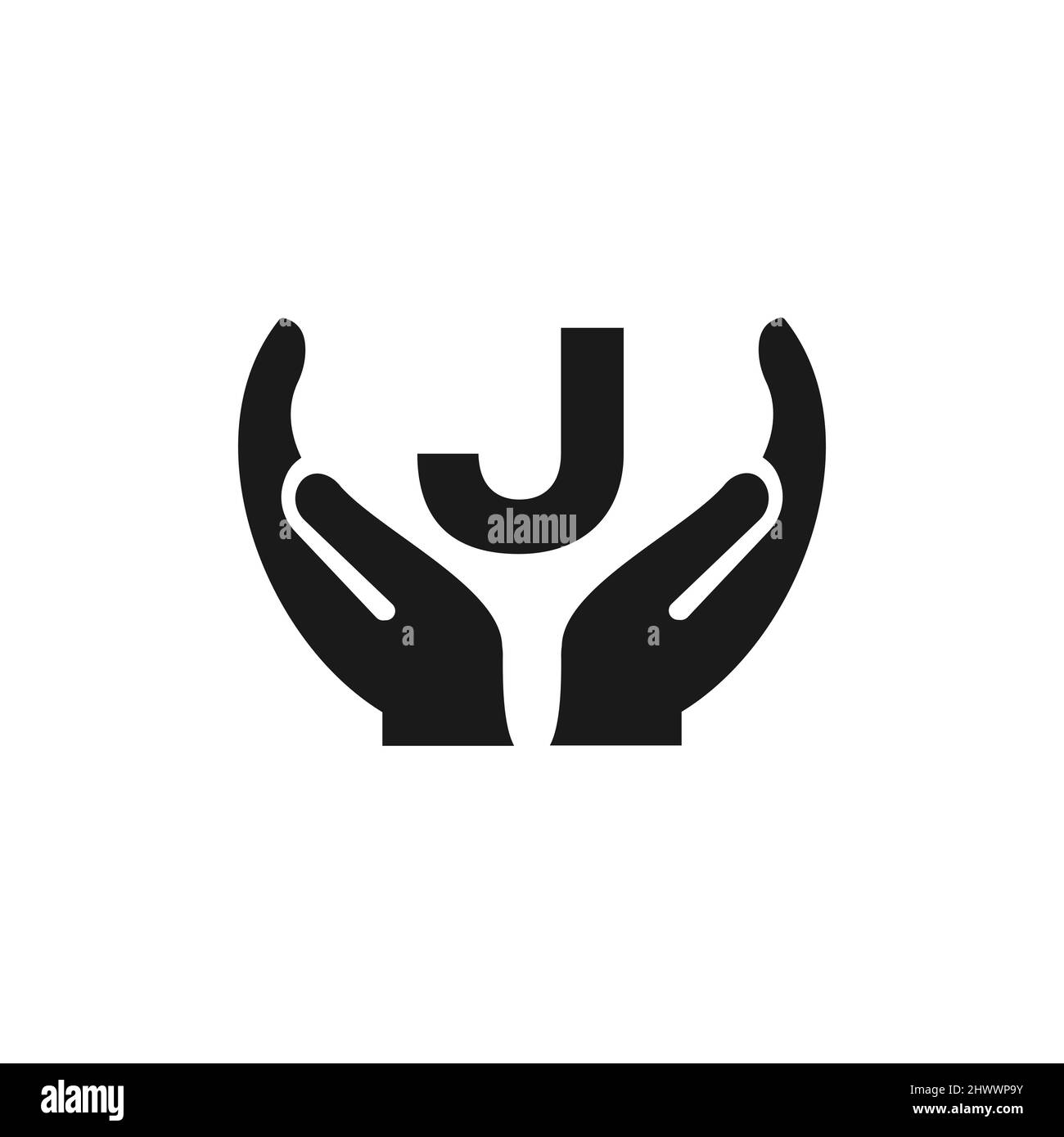 Buchstabe J Giving Hand Logo Design. Hand Logo Design auf Buchstabe J Vektor-Vorlage Stock Vektor