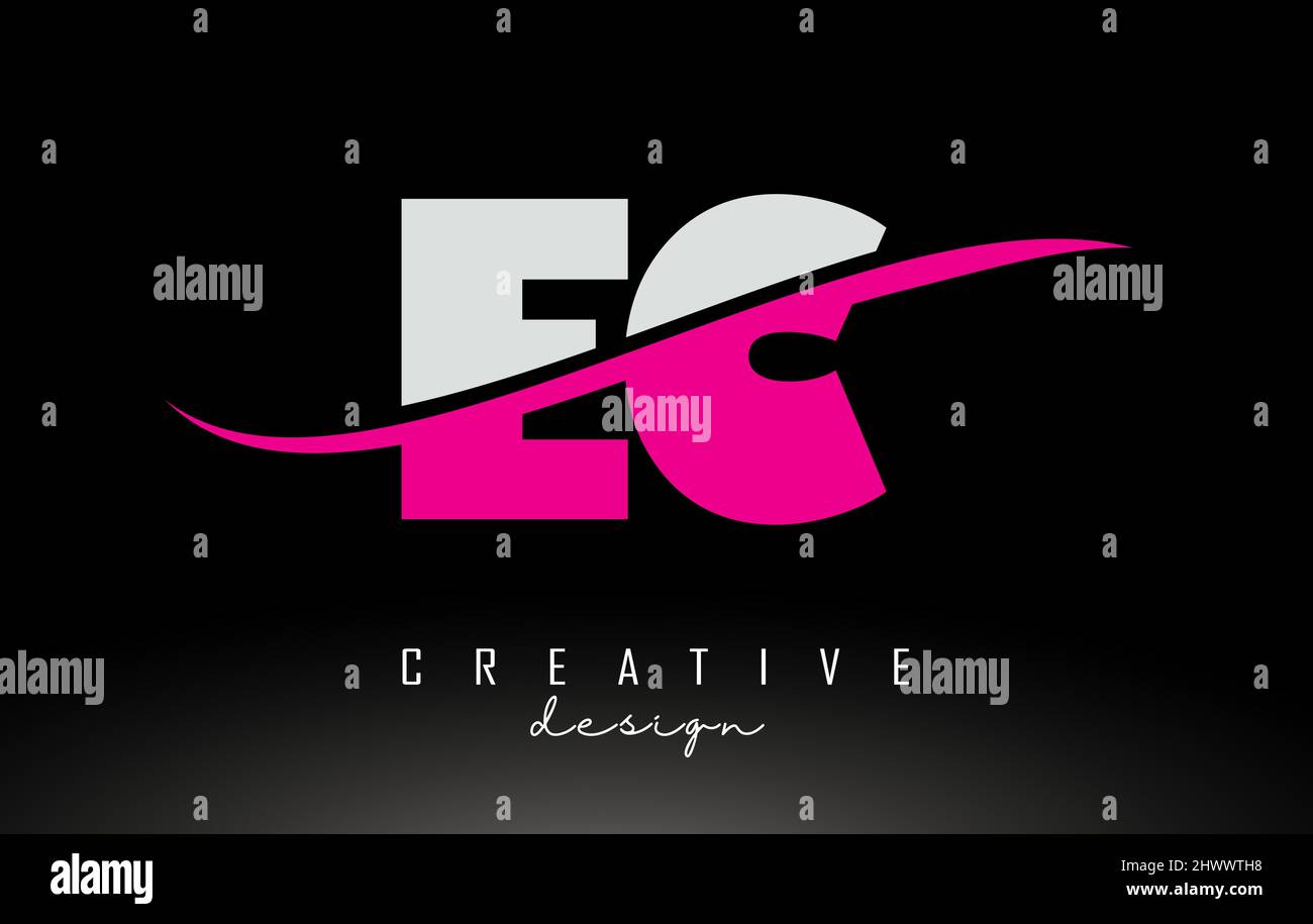 EC E C White und Pink Letter Logo mit Swoosh und geschwungenen Linien. Stock Vektor