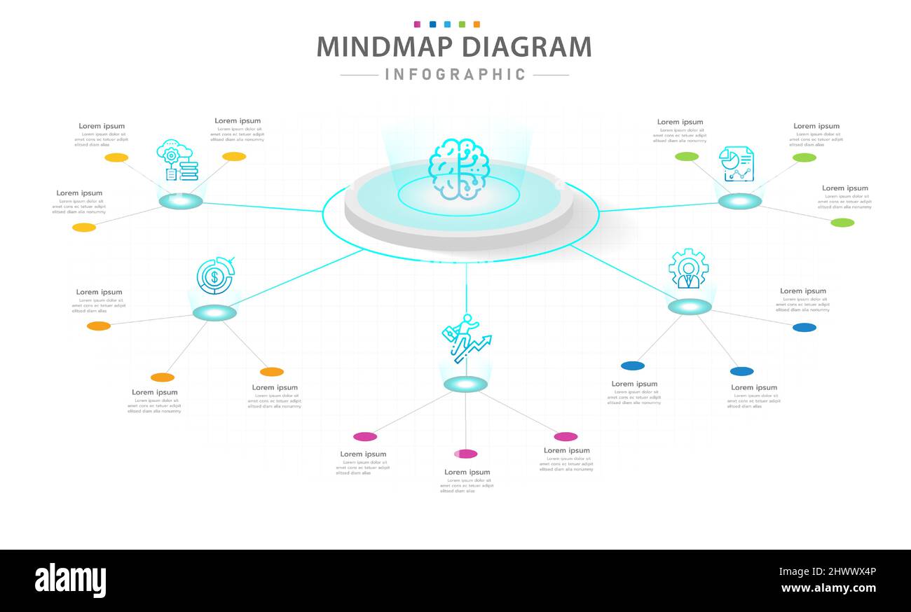 Infografik-Vorlage für Unternehmen. 5 Schritte modernes Mindmap-Diagramm mit futuristischem Stil, Präsentationsvektor-Infografik. Stock Vektor