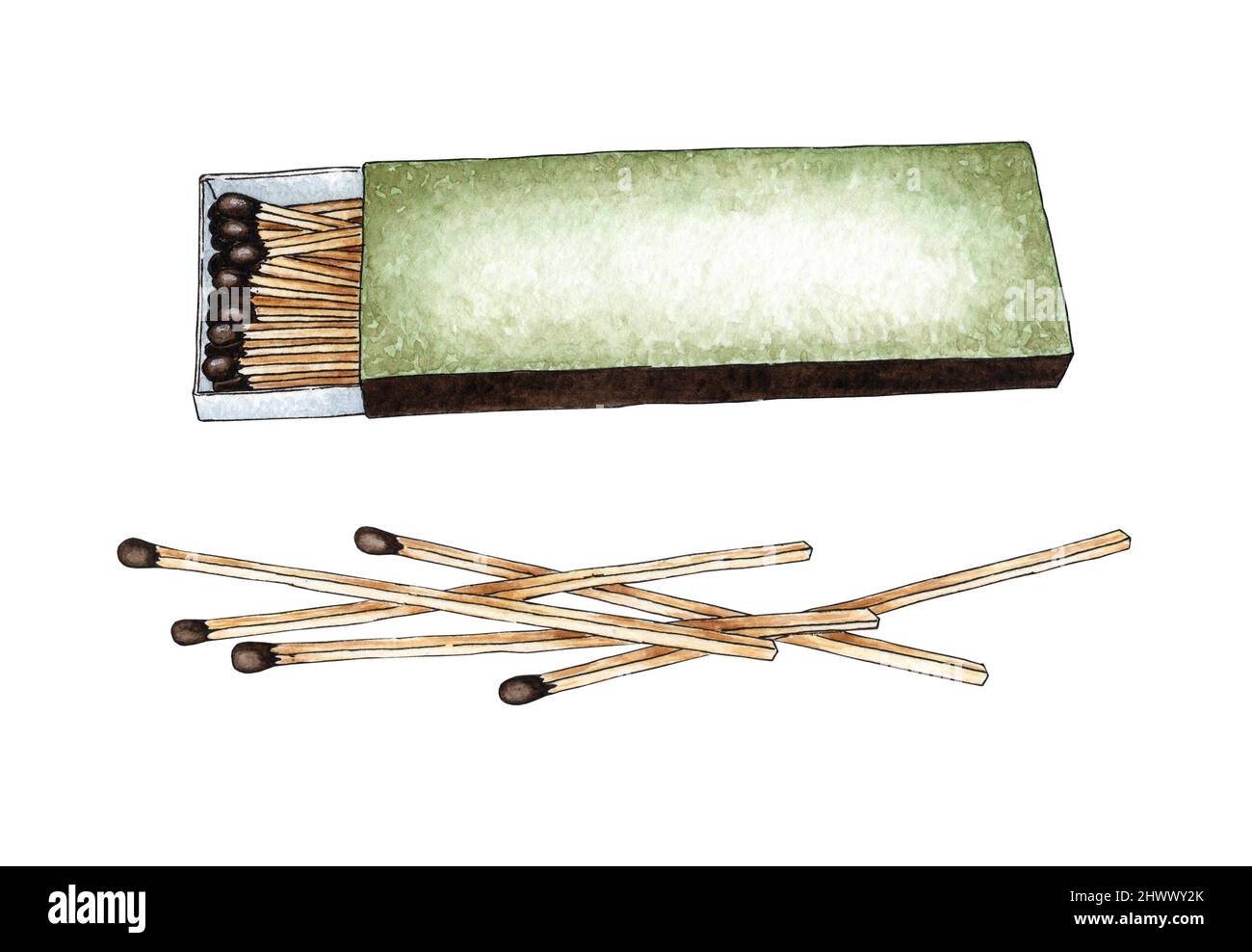 Aquarell-Illustrationsset aus einem Haufen verstreuter Kaminspiele und einer offenen Box. Hol dir die Flamme. Zünden Sie das Feuer an. Verbrannter Holzstab. Handgezogenes Do Stockfoto