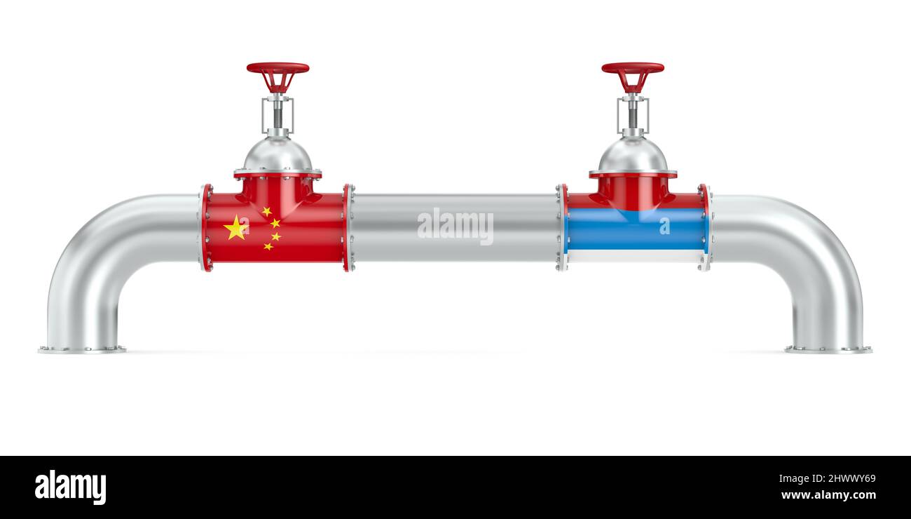 Pipeline zwischen Russland und China auf weißem Hintergrund. Isolierte 3D-Abbildung Stockfoto