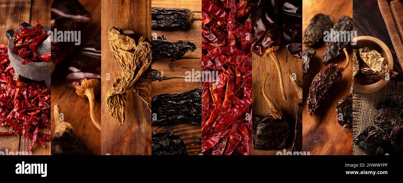 Panorama-Collage aus verschiedenen mexikanischen getrockneten Chilischoten. Chile Morita, Guajillo, de arbol, Chipotle und Pasilla. Wird in einer Vielzahl von verwendet Stockfoto