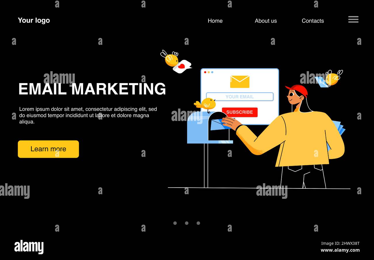 E-Mail-Marketing-Zielseite mit Postboten-Mädchen legte Briefumschläge in die Mailbox neben dem Computer-Desktop, mit Browser-Seite. Elektronische Nachrichten Service Business-Konzept, Line Art flache Vektor Web-Banner Stock Vektor