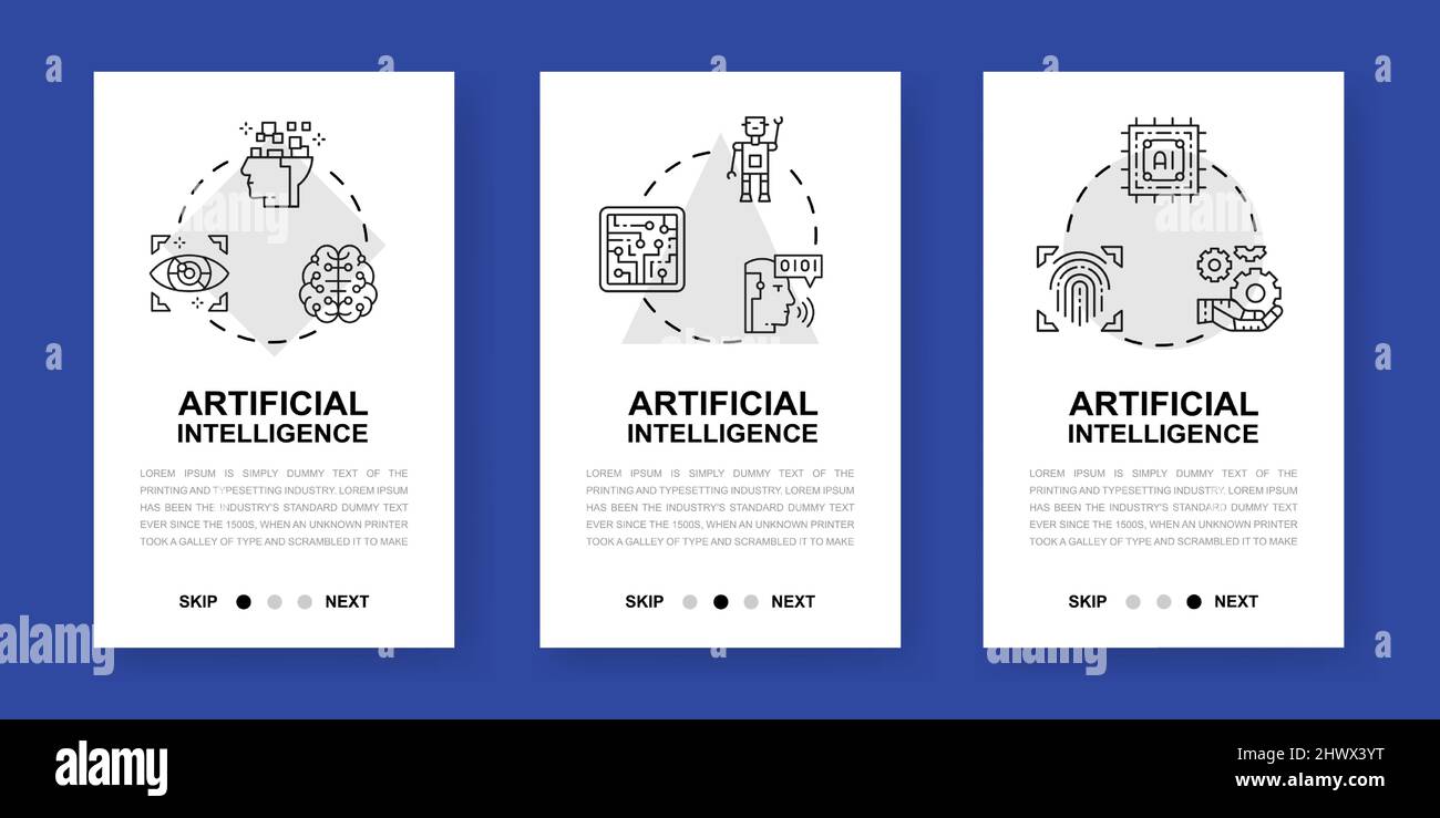 Mobile App-Bildschirme mit künstlicher Intelligenz. Robotik, Chatbot, Datenbank, Big Data vertikale Banner für Website-Design Illustration. Stock Vektor