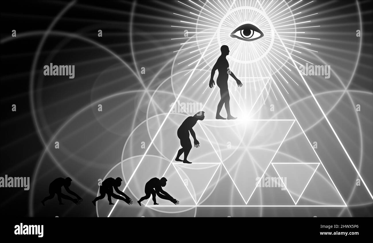 Evolution: Vom Affen zur Energie des Universums. 3D Rendering Stockfoto