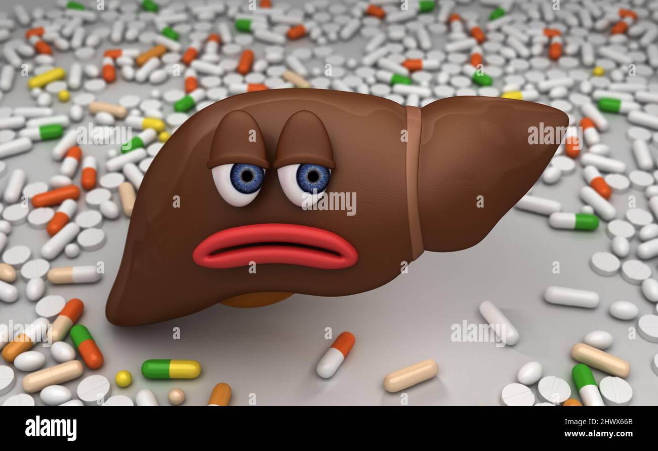 Traurigkeit Leber und Pillen - 3D Rendering Stockfoto