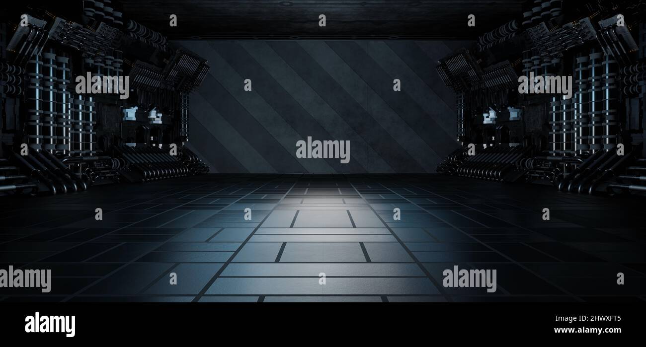 Blank futuristischer Raum Hintergrund Alien Tunnel Ship Corridor unterirdischer Laser dystopisch Grauer Cyberpunk Hintergrund Konzept der Zukunft 3D Rendering Stockfoto